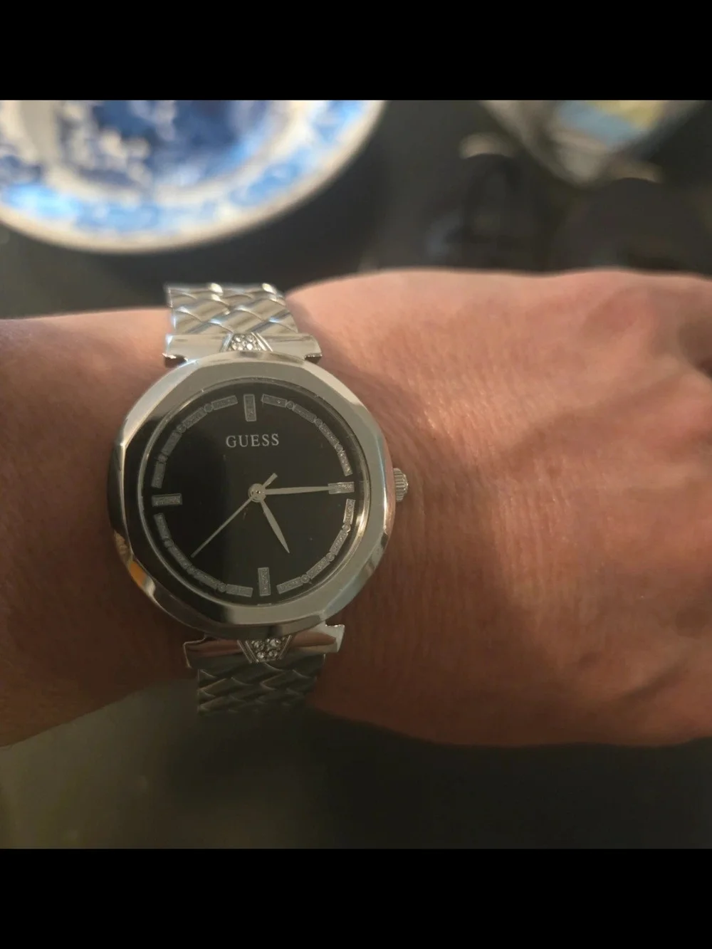 Womens Guess Silver Tone Bracelet Watch with Black Dial
